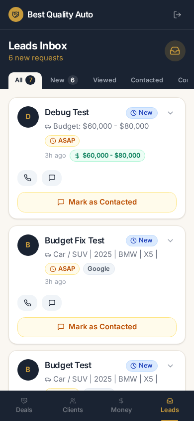 Best Quality Auto CRM Leads screen on iPhone